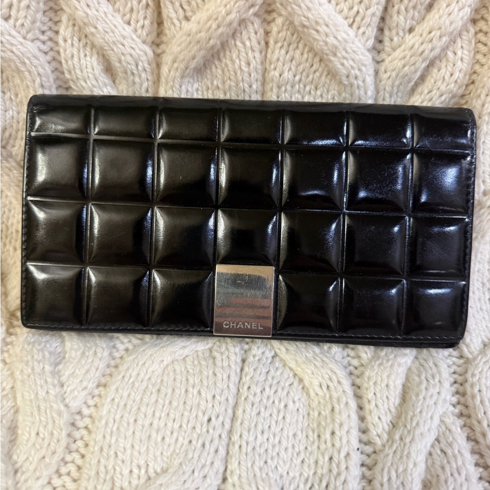 CHANEL Chocolate Bar Bifold Large Wallet with Silver Hardware
